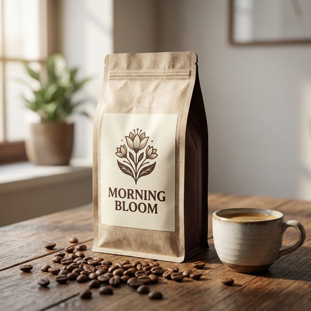 Morning Bloom — a kraft paper coffee bag on a wooden table with a cup of coffee and scattered beans